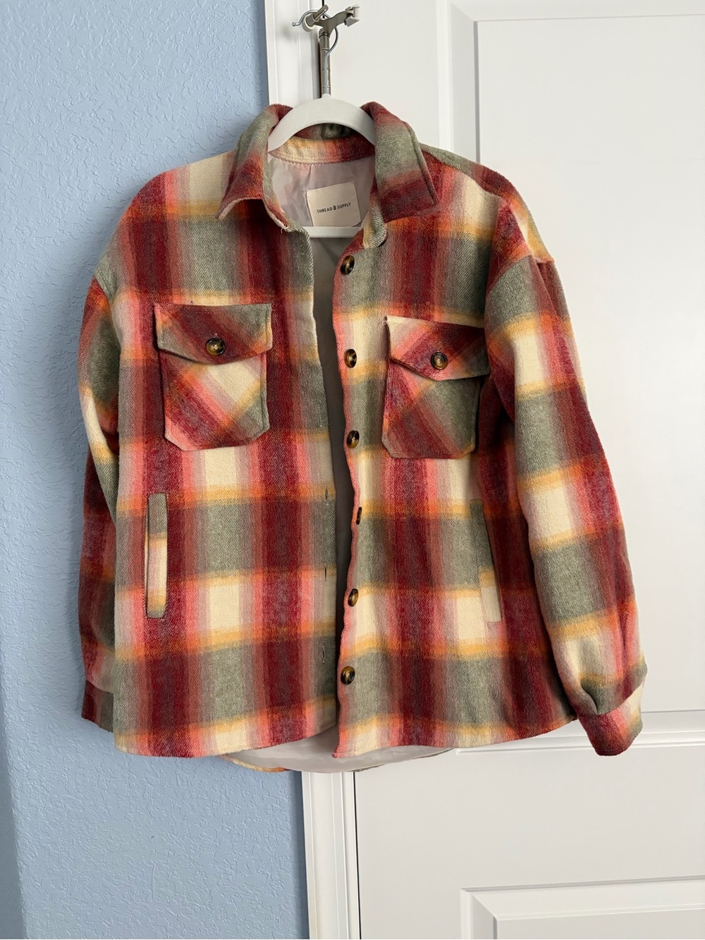 NWOT Thread & Supply Plaid Shacket in Red, Green & Cream